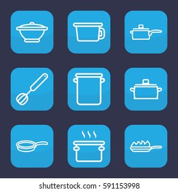 kitchenware icon. Set of 9 outline kitchenware icons such as corolla, pan, pan-fry