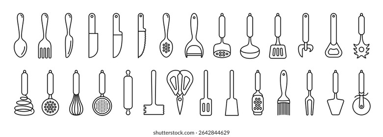 Kitchenware icon set. Black line vector kitchen utensils, tools and cutlery. Whisk, slotted spoon, scissors, ladle and spatula. Sieve, knife, spoon, fork, peeler and opener