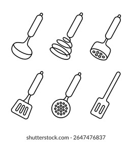 Conjunto de ícone de utensílios. Linha preta vetor utensílios de cozinha, ferramentas e talheres. Uísque, concha, triturador de mosto, espátula e escumadeira