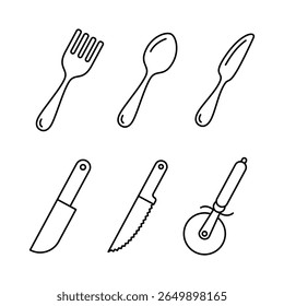 Kitchenware icon set. Black line vector kitchen utensils, tools and cutlery. Spoon,  knife and fork
