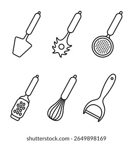 Kitchenware icon set. Black line vector kitchen utensils, tools and cutlery. Whisk, grater, sieve, spatula, vegetable peeler and pasta spoon