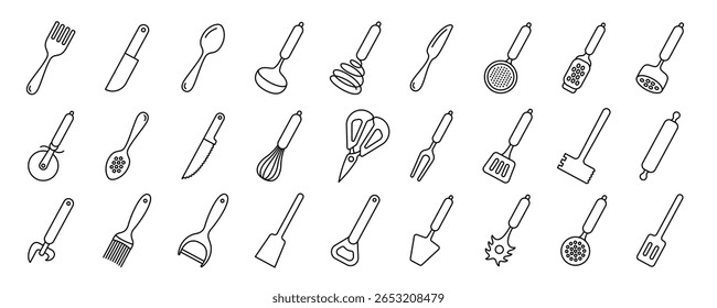 Kitchenware icon set. Black line vector kitchen utensils, tools and cutlery. Whisk, slotted spoon, scissors, ladle and spatula. Sieve, knife, spoon, fork, peeler and opener