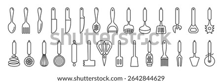 Kitchenware icon set. Black line vector kitchen utensils, tools and cutlery. Whisk, slotted spoon, scissors, ladle and spatula. Sieve, knife, spoon, fork, peeler and opener
