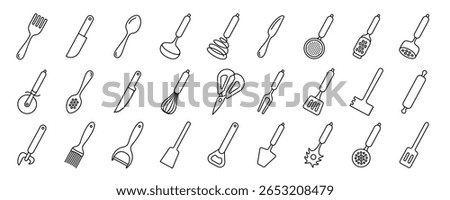 Kitchenware icon set. Black line vector kitchen utensils, tools and cutlery. Whisk, slotted spoon, scissors, ladle and spatula. Sieve, knife, spoon, fork, peeler and opener