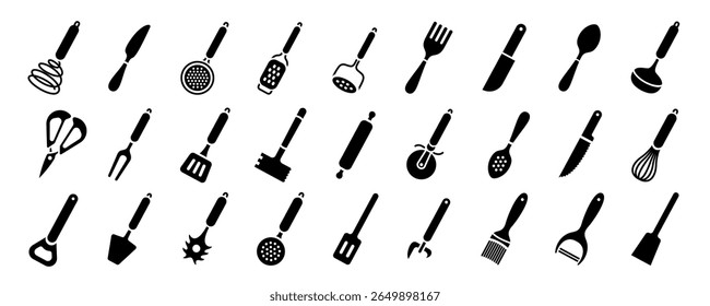 Kitchenware icon set. Black vector kitchen utensils, tools and cutlery. Whisk, slotted spoon, scissors, ladle and spatula. Sieve, knife, spoon, fork, peeler and opener pictogram