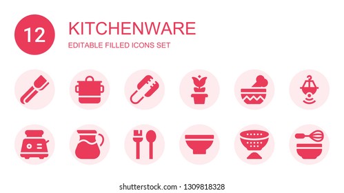 kitchenware icon set. Collection of 12 filled kitchenware icons included Tongs, Pot, Bowl, Toaster, Utensils, Strainer, Whisk
