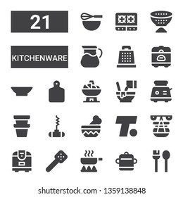 kitchenware icon set. Collection of 21 filled kitchenware icons included Utensils, Pot, Frying pan, Slotted spoon, Rice cooker, Turner, Bowl, Bottle opener, Toaster, Mixed, Cutting board