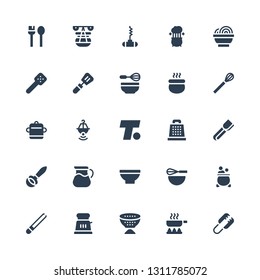 kitchenware icon set. Collection of 25 filled kitchenware icons included Tongs, Frying pan, Strainer, Toaster, Pot, Beater, Bowl, Ladle, Grater, Turner, Whisk, Slotted spoon, Bottle opener