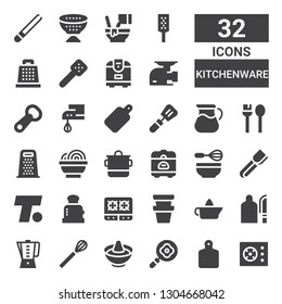 kitchenware icon set. Collection of 32 filled kitchenware icons included Cooker, Cutting board, Frying pan, Hot pot, Whisk, Beater, Citrus juicer, Pot, Stove, Toaster, Turner