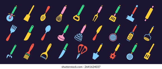 Kitchenware icon set. Color vector kitchen utensils, tools and cutlery. Whisk, slotted spoon, scissors, ladle and spatula. Sieve, knife, spoon, fork, peeler and opener