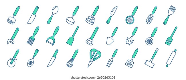 Kitchenware icon set. Color vector kitchen utensils, tools and cutlery. Whisk, slotted spoon, scissors, ladle and spatula. Sieve, knife, spoon, fork, peeler and opener