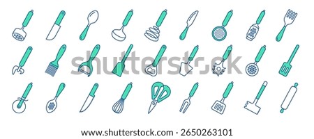 Kitchenware icon set. Color vector kitchen utensils, tools and cutlery. Whisk, slotted spoon, scissors, ladle and spatula. Sieve, knife, spoon, fork, peeler and opener