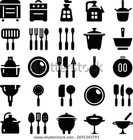 Kitchenware Icon Set , Cooking, Utensils, Silhouette Vector Collection