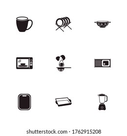 Juego de iconos de cocina y desagüe de platos con microondas, licuadora y bandeja. Vector de icono de utensilios de cocina relacionados con placas para el diseño del logotipo de la interfaz de usuario web.