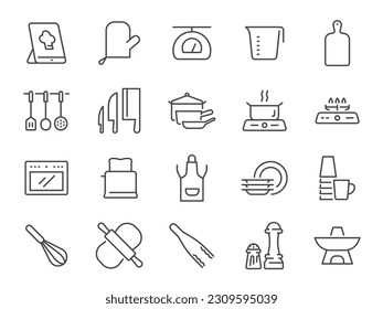 Juego de iconos de cocina. Incluía utensilios, cocina, olla, sartén, microondas y más íconos. Stroke editable.