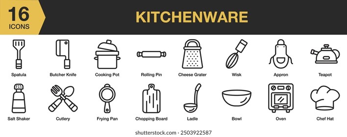 Kitchenware icon set. Includes rolling pin, salt shaker, spatula, frying pan, cutlery, chef hat, and More. Outline icons vector collection.