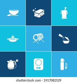 Kochnische Icon Set und Mörtel mit Pestle mit Geschirrspüler, Würzmittel und Schwamm. Platten verwandte Küchenware Symbol Vektorgrafik für Web UI Logo Design.