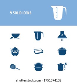 Kitchenware icon set and stove hood with electric cooker, pot and bowl. Teapot related kitchenware icon vector for web UI logo design.
