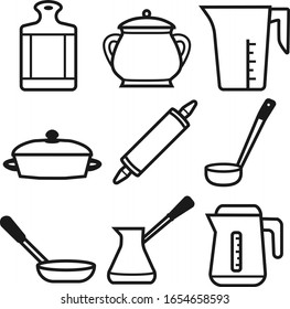 Kitchenware icon vector set. Pan, scoop, electric kettle, measuring cup, rolling pin, stew pan, sugar bowl icons isolated. Black and white kitchen set.