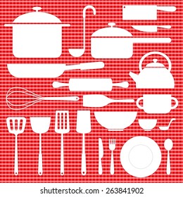 kitchenware icon in white color decoration on red table plaid