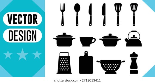 Iconos de utensilios de cocina negro sobre fondo blanco y azul