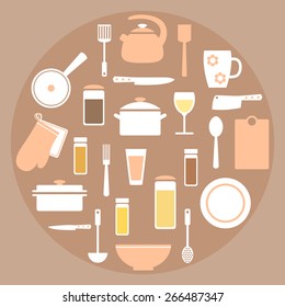 Kitchenware. Kitchenware icons. Isolated kitchenware icons on background. Traditional kitchen stuff. Kitchen tools icons. Cooking tools. Dishware, plates, pots. Flat style vector illustration. 