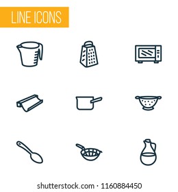 Kitchenware icons line style set with casserole, microwave, sieve and other jug elements. Isolated vector illustration kitchenware icons.
