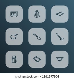 Kitchenware icons line style set with ladle, baking sheet, grater and other skillet elements. Isolated vector illustration kitchenware icons.