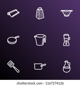 Kitchenware icons line style set with baking paper, olive oil, colander kitchen jug elements. Isolated vector illustration kitchenware icons.