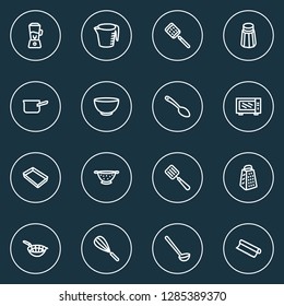 Kitchenware icons line style set with measuring cup, sieve, colander saucepan elements. Isolated vector illustration kitchenware icons.