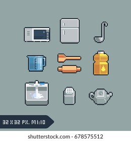 kitchenware icons, pixel art style vector illustration, 32x32 pixels dimension icons set.