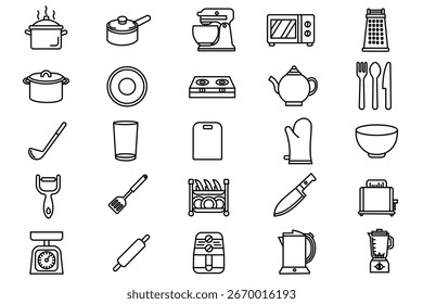 Conjunto de iconos de utensilios de cocina de 30 esquemas Iconos de utensilios de cocina con estufa, olla de arroz, cucharón, tazón, pelador, plato, cuchillo, frasco Vector Iconos de línea delgada para Diseño web y App móvil.