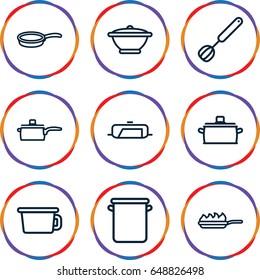 Kitchenware icons set. set of 9 kitchenware outline icons such as pan, corolla, pan-fry