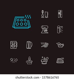 Kitchenware icons set. Apron and kitchenware icons with frying pan, fridge and seasoning. Set of blend for web app logo UI design.