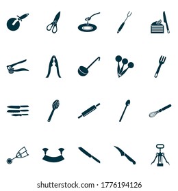 Iconos de cocina con cuchilla, cuchara de madera, vajilla y otros elementos de cuchara de helados. Iconos aislados de utensilios de cocina de ilustración vectorial.