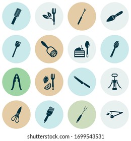 Kitchenware icons set with cake server, pastry brush, wooden spoon and other turner elements. Isolated vector illustration kitchenware icons.