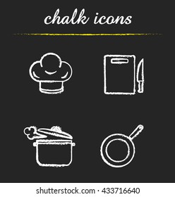 Kitchenware icons set. Chef's hat, cutting board with knife, steaming saucepan and frying pan illustrations. Kitchen utensils. Isolated vector chalkboard drawings