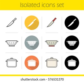 Kitchenware icons set. Flat design, linear, black and color styles. Knife, colander, saucepan. Isolated vector illustrations