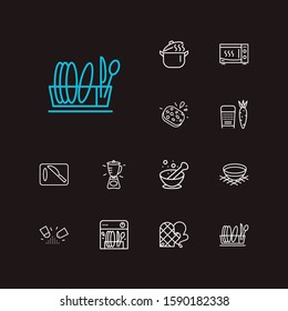 Kitchenware icons set. Grater and kitchenware icons with sponge, pot and bowl. Set of cutlery for web app logo UI design.