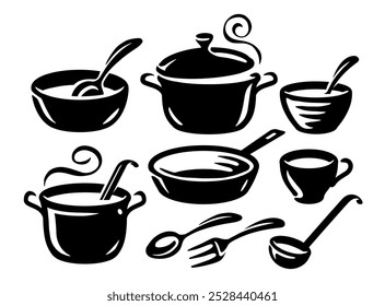 Conjunto de ícones de utensílios. Símbolos de utensílios de cozinha para menu de restaurante ou café. Ilustração de vetor de conceito de cozimento