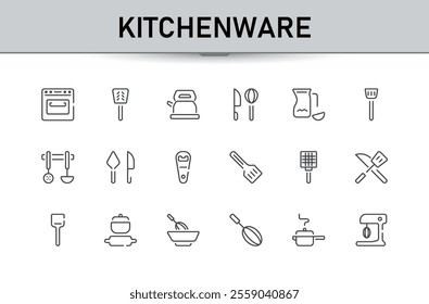 Kitchenware icons set. Minimalist kitchen tools and appliances line icon. Household cooking utensil. Restaurant chefs equipment. Vector illustrations