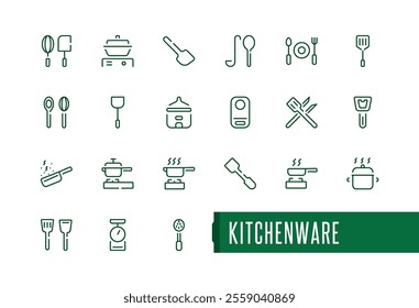 Kitchenware icons set. Minimalist kitchen tools and appliances line icon. Household cooking utensil. Restaurant chefs equipment. Vector illustrations