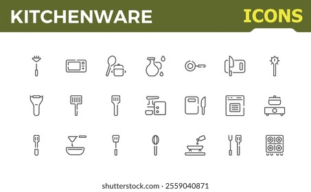 Kitchenware icons set. Minimalist kitchen tools and appliances line icon. Household cooking utensil. Restaurant chefs equipment. Vector illustrations