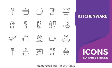 Kitchenware icons set. Minimalist kitchen tools and appliances line icon. Household cooking utensil. Restaurant chefs equipment. Vector illustrations