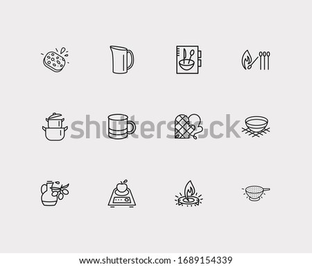 Kitchenware icons set. Mug and kitchenware icons with bowl, kitchen mitts and gas burner. Set of fresh for web app logo UI design.