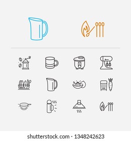 Kitchenware icons set. Mug and kitchenware icons with grater, colander, coffee grinder. Set of bottle for web app logo UI design.