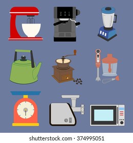 Kitchenware Icons Set on the blue background. Vector illustration