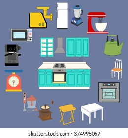 Kitchenware Icons Set on the blue background. Vector illustration