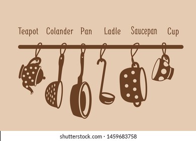 Kitchenware icons set. Outline sign kit of cookware. Dishware  icon collection includes teapot, colander, pan, ladle, saucepan, cup. Vector Illustration