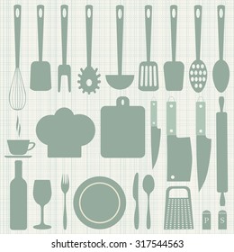 Kitchenware icons set. Plate knife  fork  spoon. Bottle with a glass. Scoop, Board, grater, salt and pepper. A chefs hat. Vector illustration